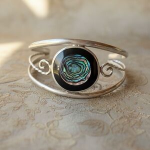 Sterling Silver Abalone Cuff Bracelet - Iridescent Black and Green